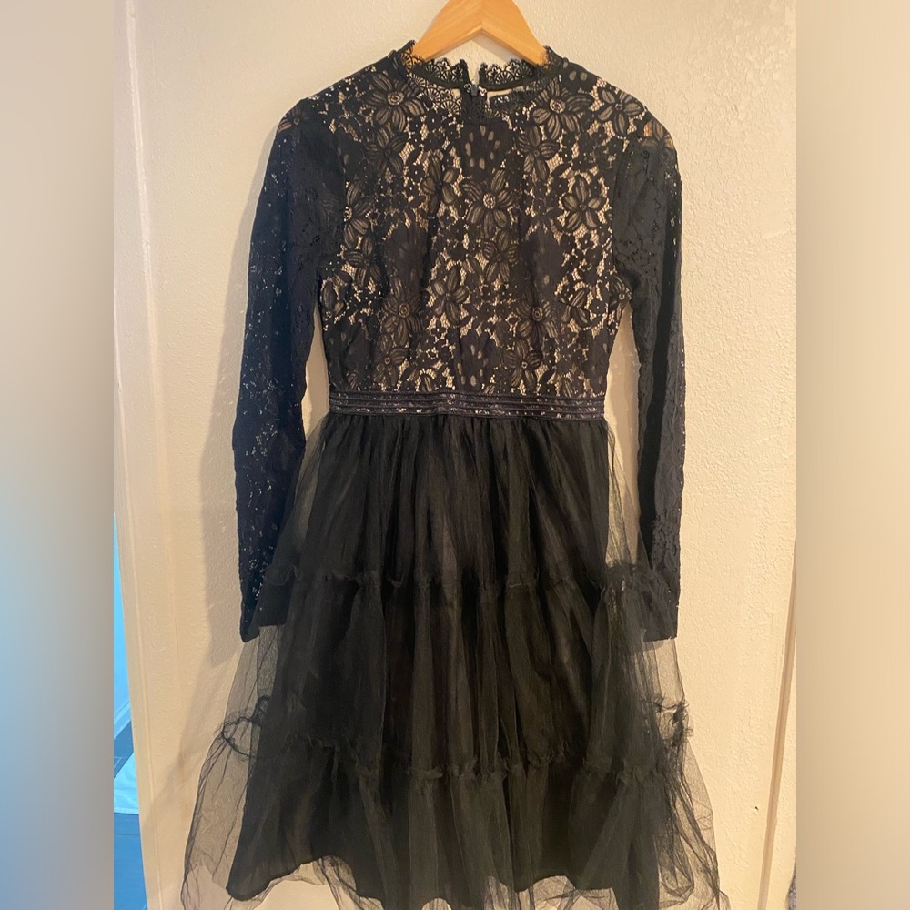 INA black tool and lace dress